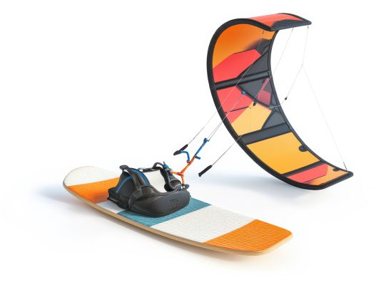 An exciting combination of a brightly designed kiteboard and a colorful kite, poised for thrilling adventures on the water. The equipment showcases brilliant hues that catch the light beautifully.